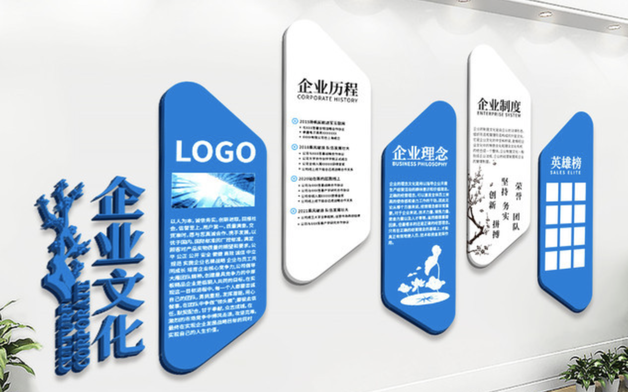企業(yè)文化墻創(chuàng)意設計效果圖(圖2) 藍色公司企業(yè)發(fā)展歷程文化墻